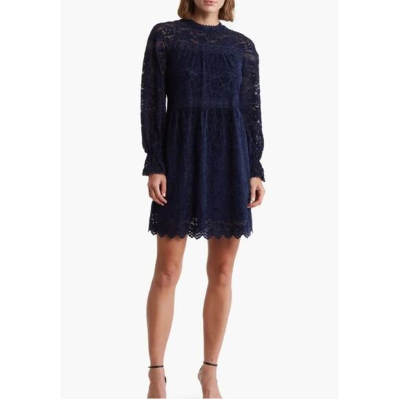 Tahari ASL Womens Lace Mini Dress 4 Blue Long Sleeve Mock Neck Babydoll NWT - Picture 1 of 13